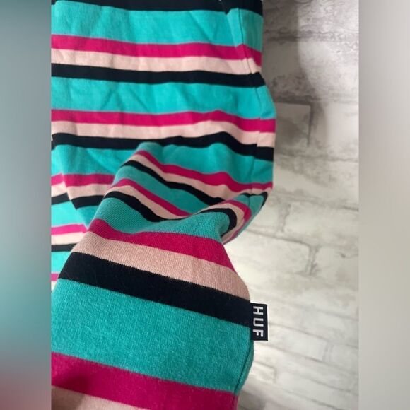 HUF Worldwide brand Men’s Blue Pink Black Striped Tee Vibrant Colored - Picture 9 of 9